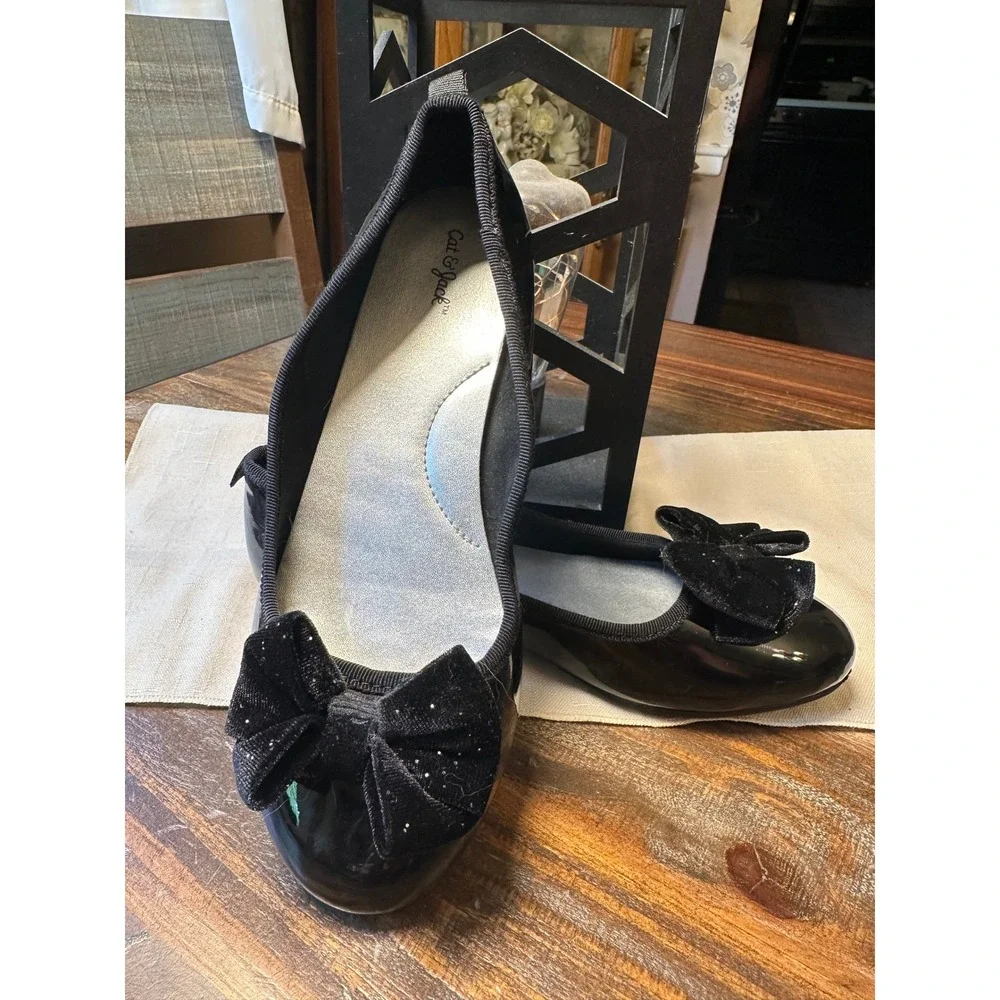 Cat & Jack Girls Black Patent Ballet Flats Velvet Bow Dress Shoes Size 3